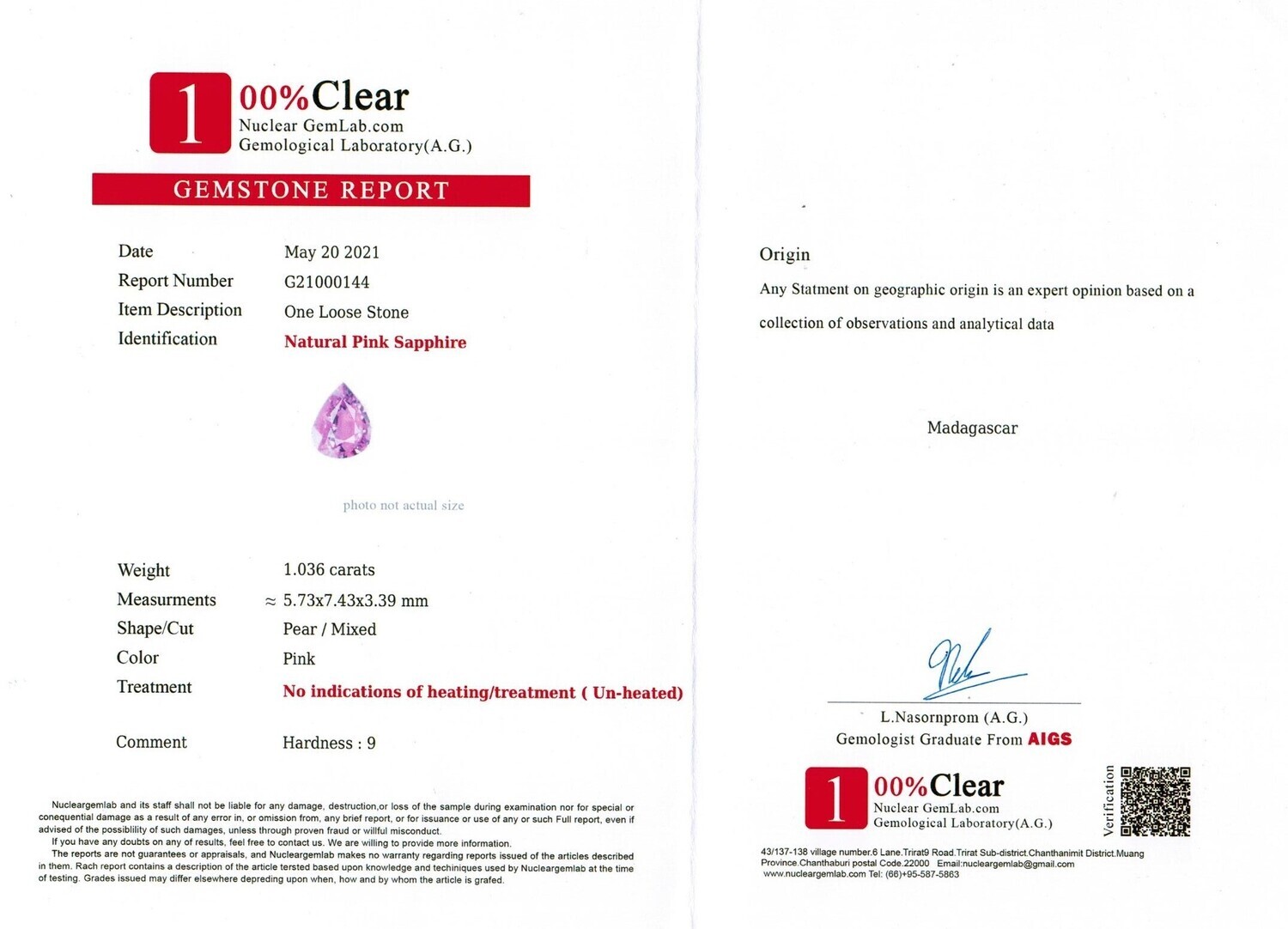 Saphir Rose 1.03 Ct - Non chauffé