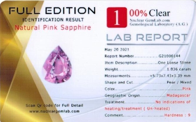 Saphir Rose 1.03 Ct - Non chauffé