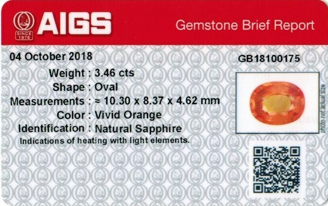 Saphir Orange Intense 3.46 Ct - Traité