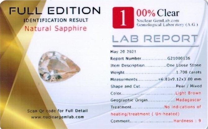 Saphir Marron 1.70 Ct - Non chauffé