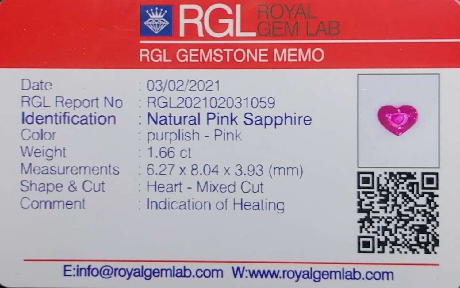 Saphir Rose Violacé 1.66 Ct - Chauffé