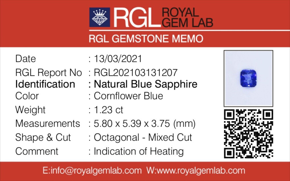 Saphir Bleu Cornflower 1.23 Ct - Chauffé