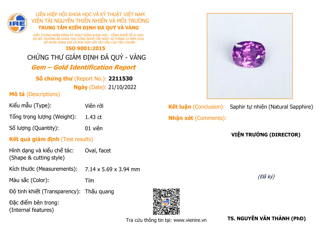 Saphir Violet 1.43 Ct - Non chauffé