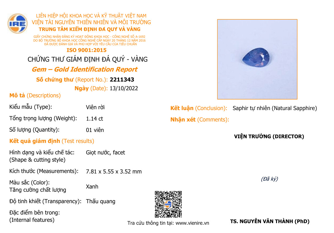 Saphir Bleu 1.14 Ct - Non chauffé