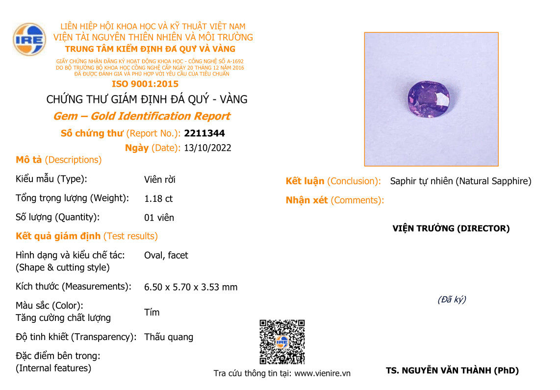 Saphir Violet 1.18 Ct - Non chauffé