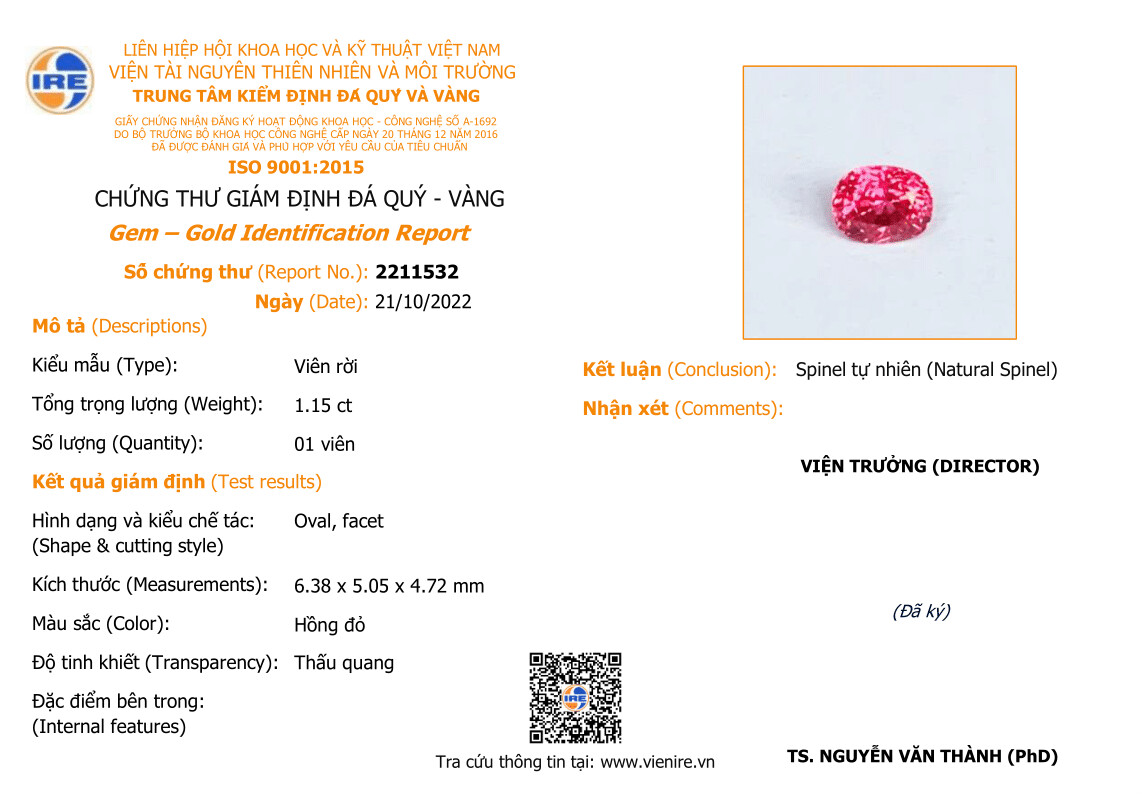 Spinelle Rose Rouge 1.15 Ct