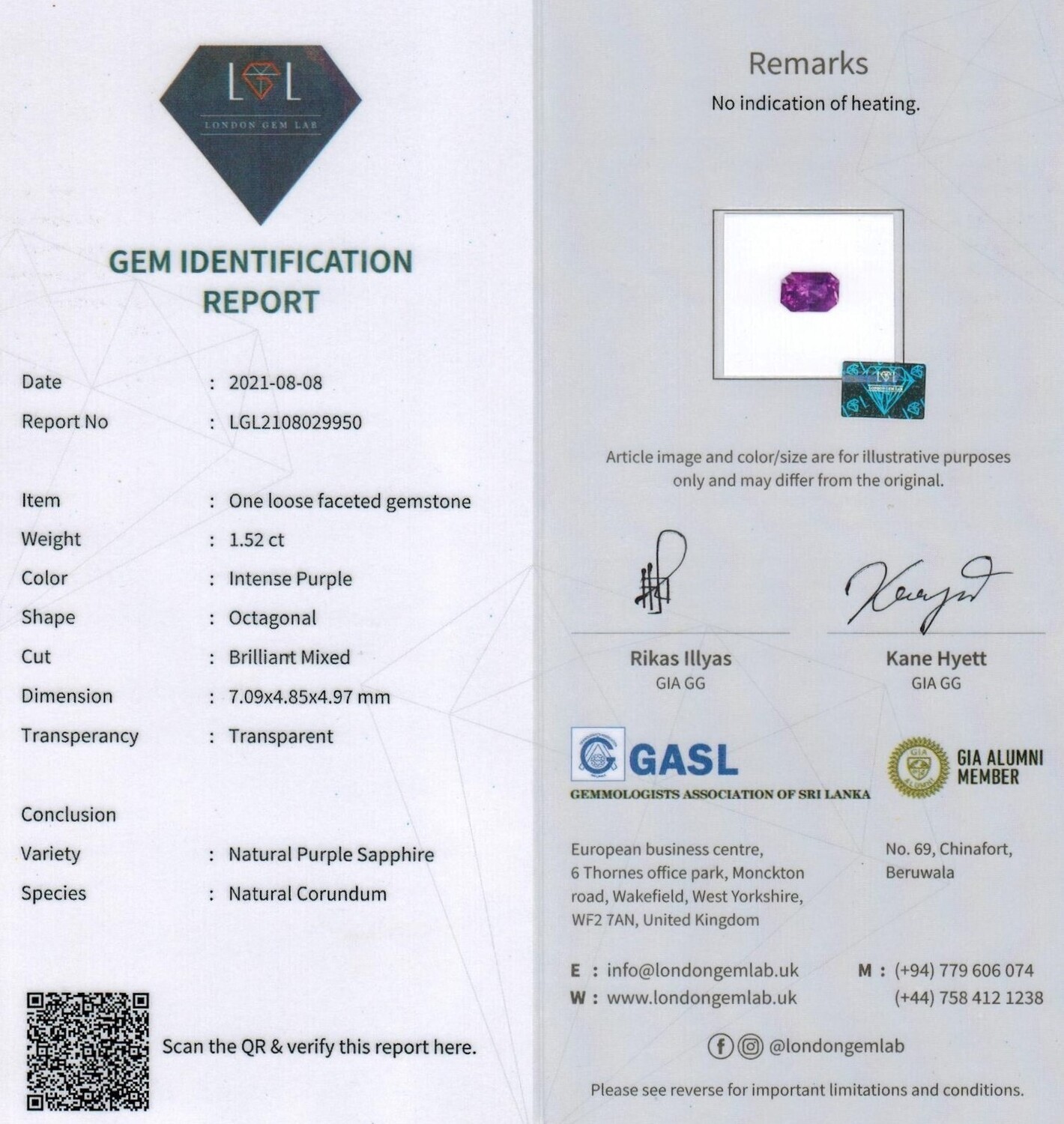 Saphir Violet 1.52 Ct - Non chauffé