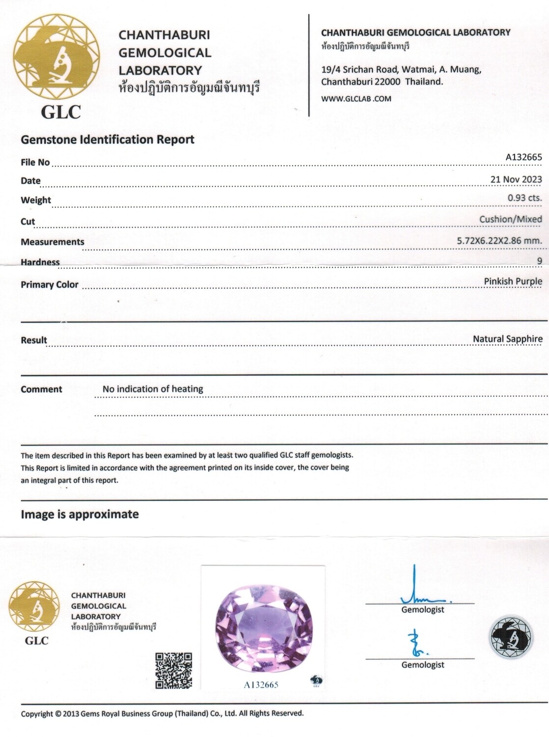 Saphir Violet Rose 0.93 Ct - Non chauffé