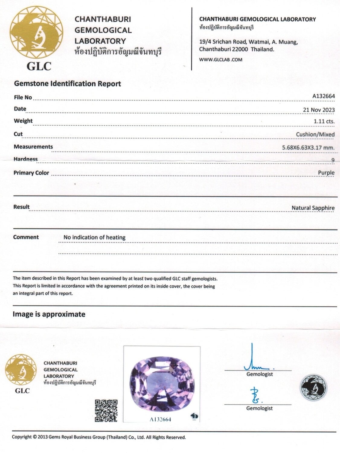 Saphir Violet 1.11 Ct - Non chauffé