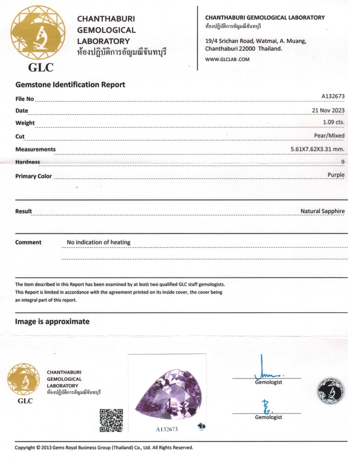 Saphir Violet 1.09 Ct - Non chauffé
