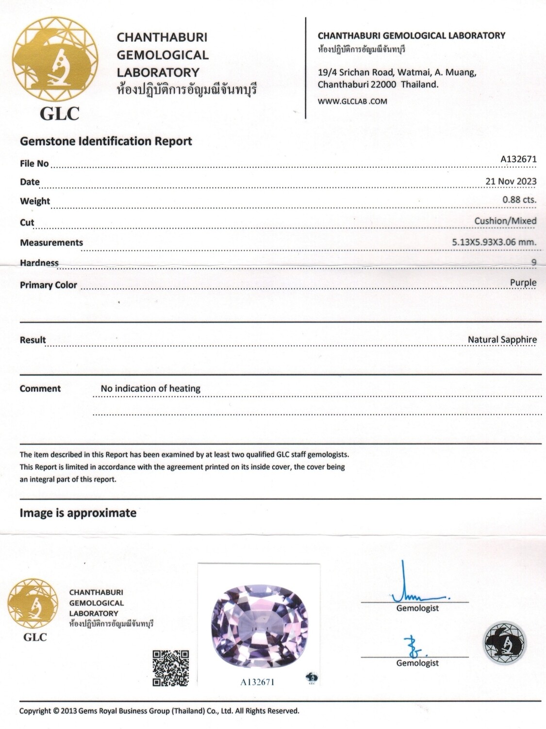Saphir Violet 0.88 Ct - Non chauffé