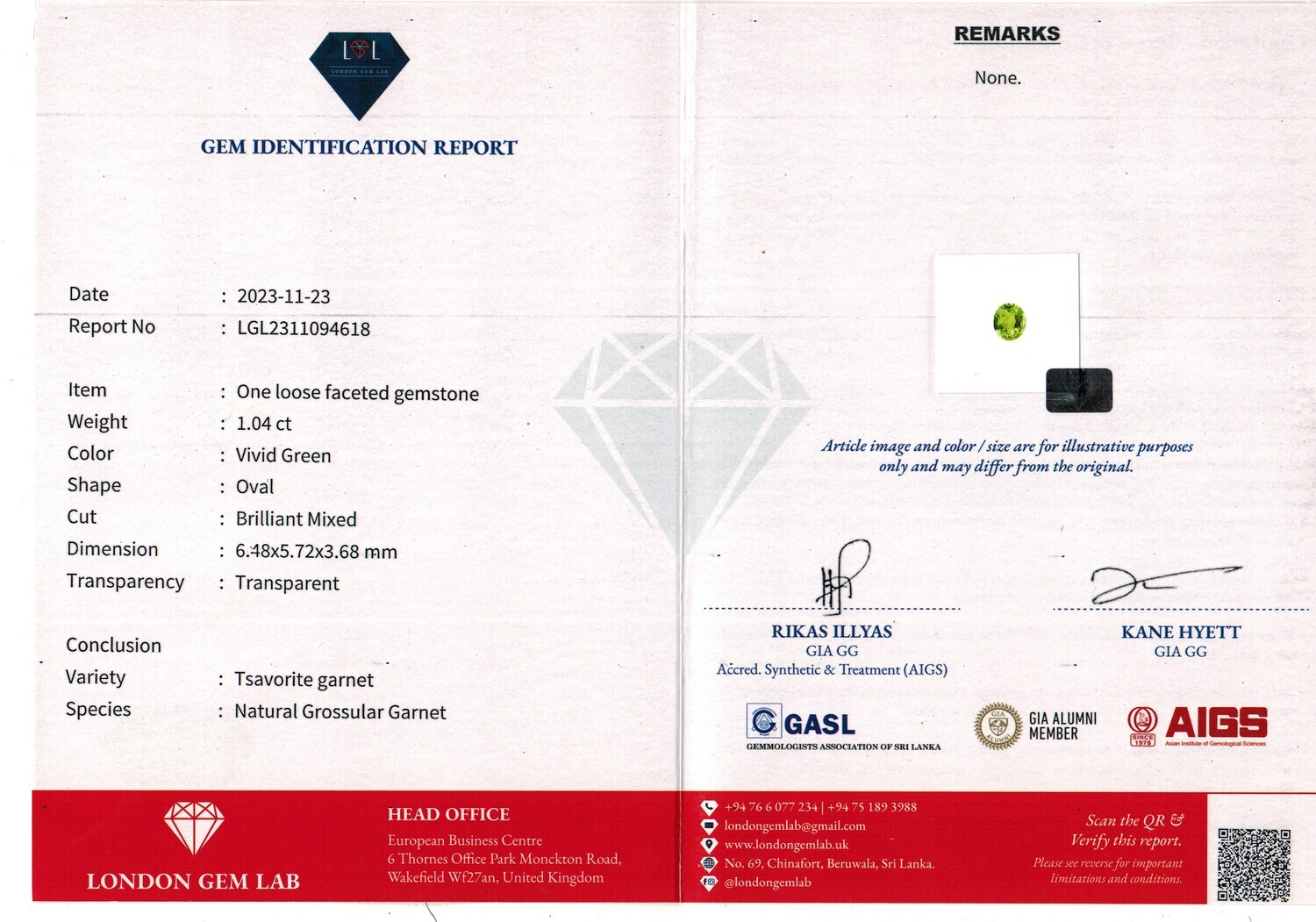 Grenat Tsavorite 1.04 Ct