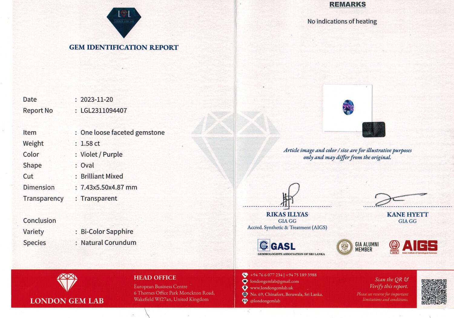 Saphir Bleu / Violet 1.58 Ct - Non chauffé