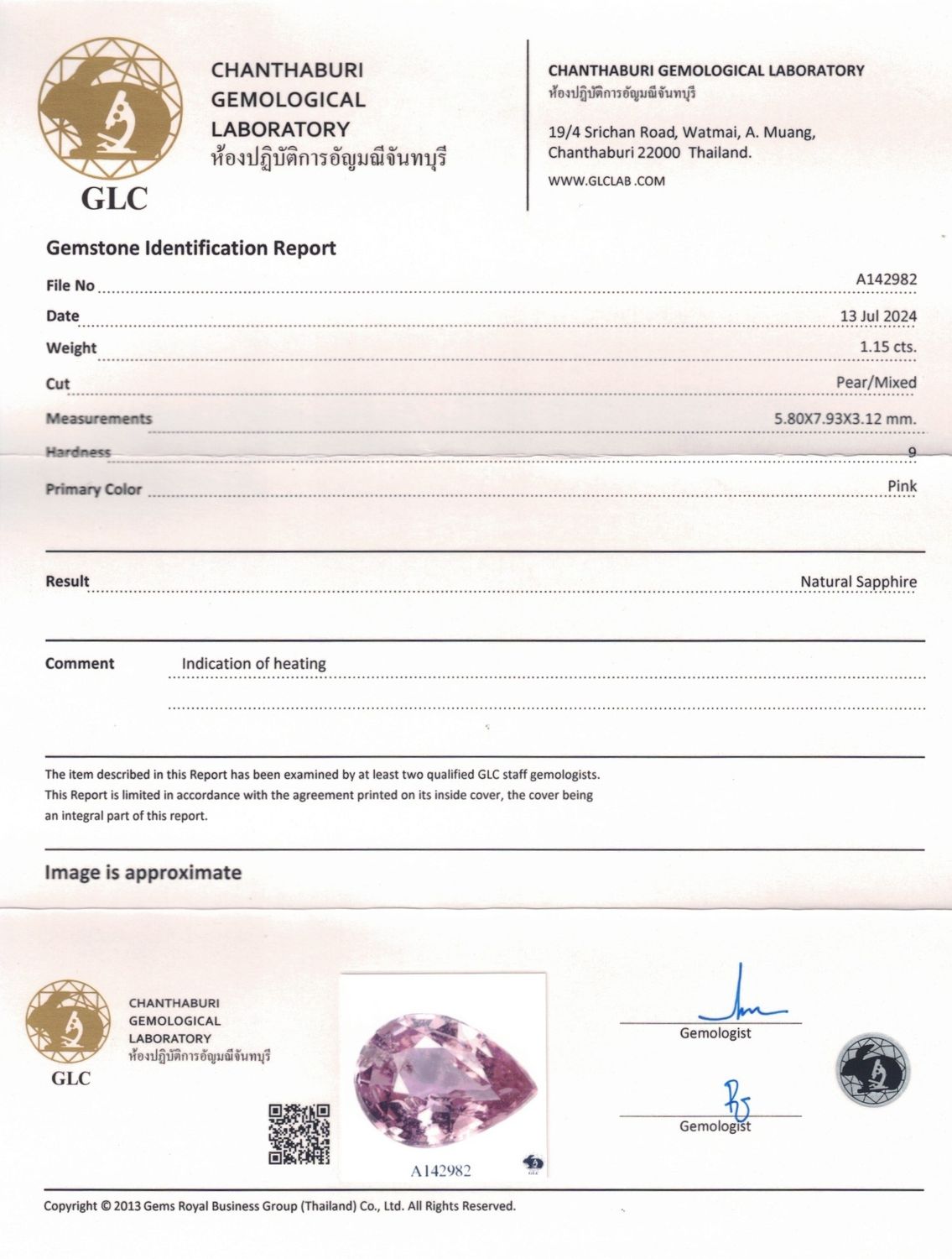 Saphir Rose 1.15 Ct - Traité