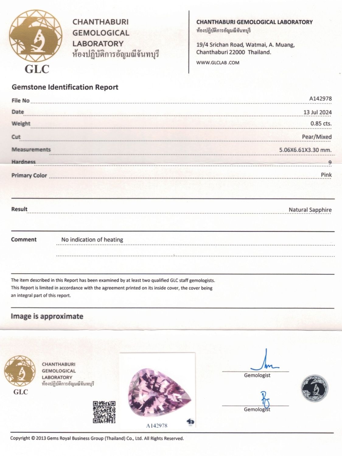 Saphir Rose 0.85 Ct - Non chauffé