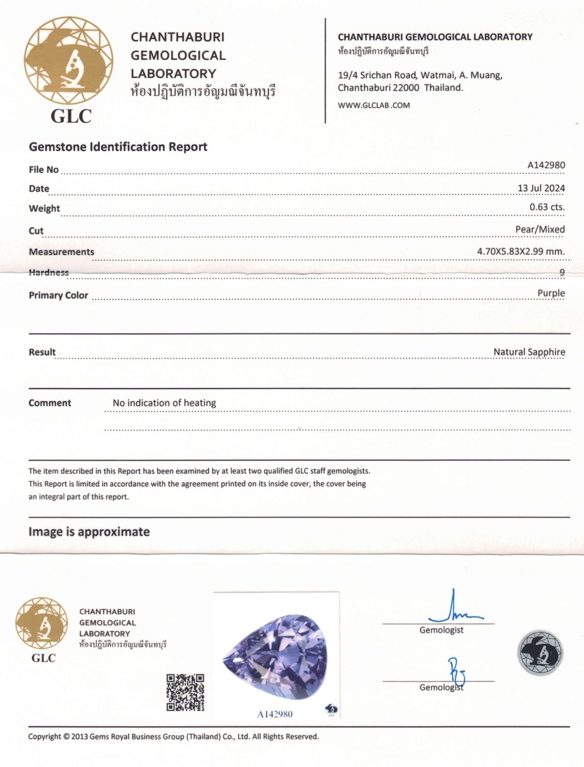 Saphir Violet 0.63 Ct - Non chauffé