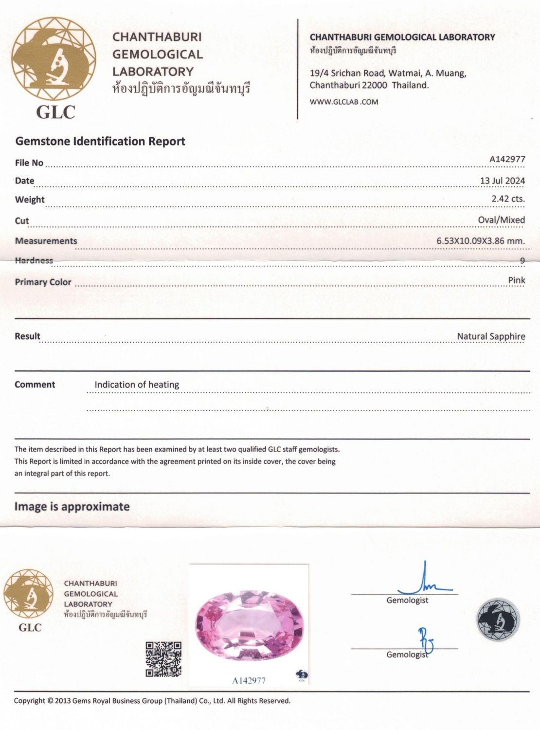 Saphir Rose 2.42 Ct - Traité
