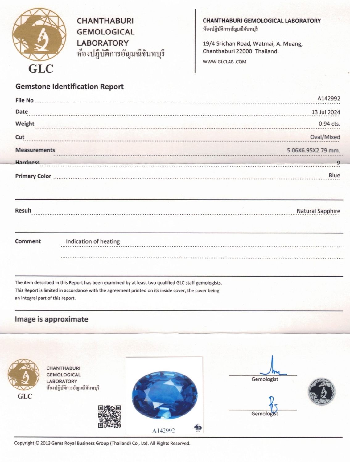 Saphir Bleu 0.94 Ct - Chauffé