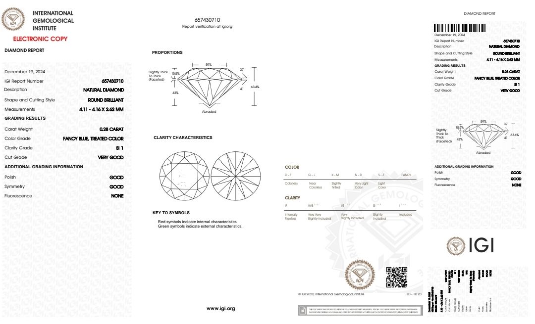 Diamant Naturel Fancy Blue 0.28 Ct Si1 - Traité