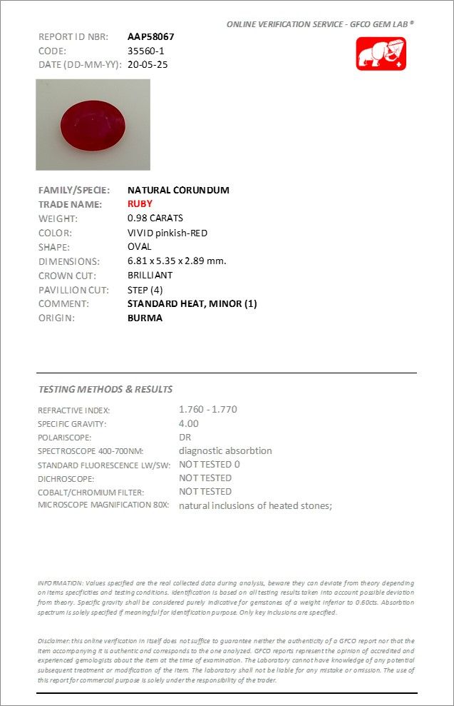 Rubis Rouge Rosâtre 0.98 Ct - Chauffé