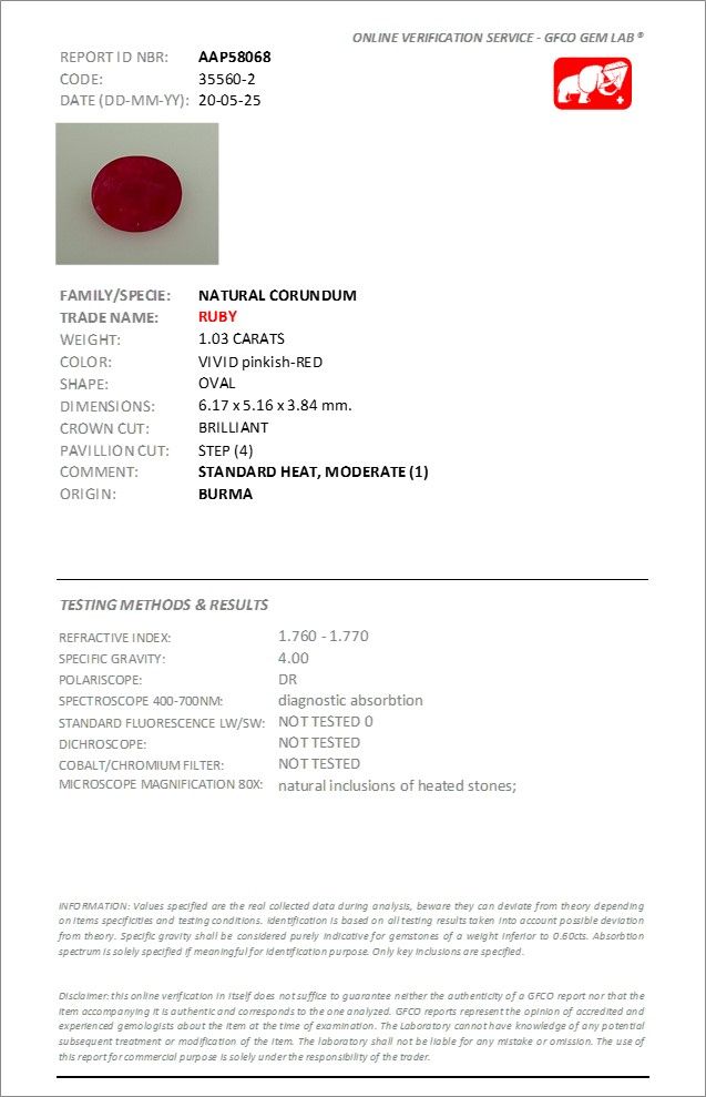 Rubis Rouge Rosâtre 1.03 Ct - Chauffé