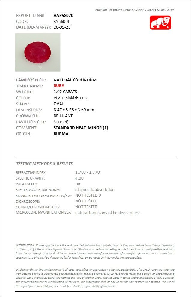 Rubis Rouge Rosâtre 1.02 Ct - Chauffé