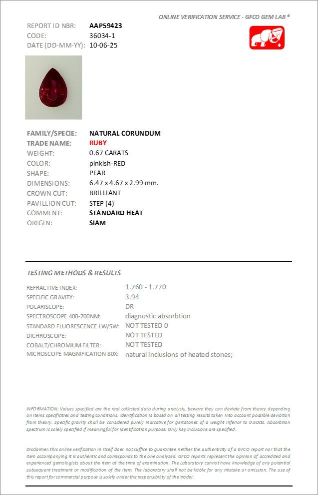 Rubis Rouge Rosâtre 0.67 Ct - Chauffé