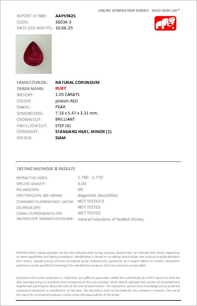 Rubis Rouge Rosâtre 1.05 Ct - Chauffé