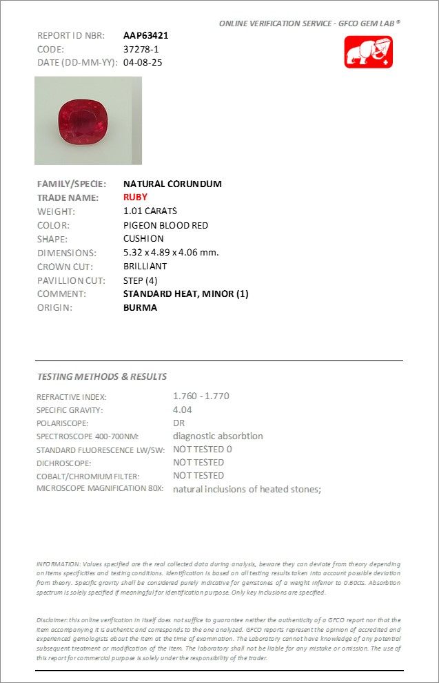 Rubis Rouge Sang de Pigeon 1.01 Ct - Chauffé