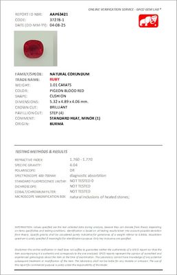 Rubis Rouge Sang de Pigeon 1.01 Ct - Chauffé