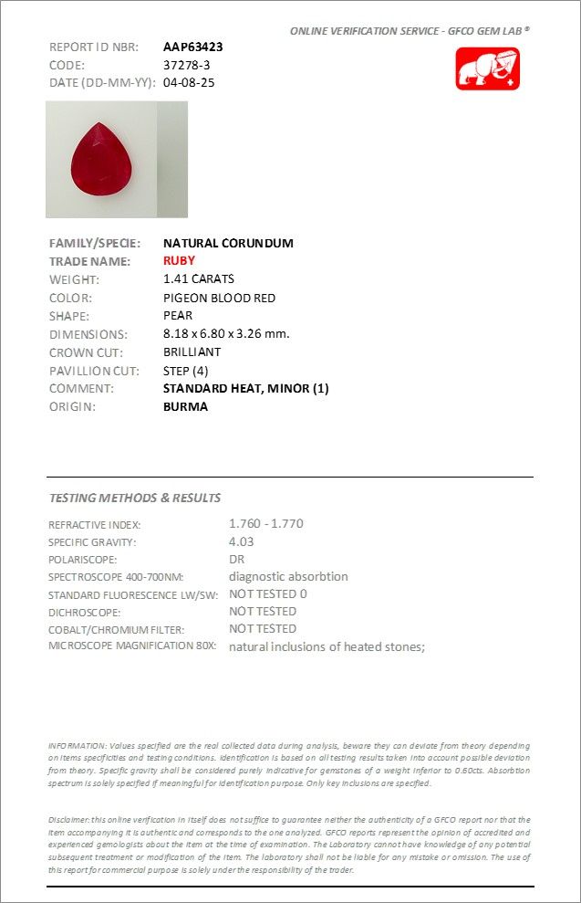Rubis Rouge Sang de Pigeon 1.41 Ct - Chauffé