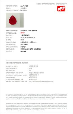 Rubis Rouge Sang de Pigeon 1.41 Ct - Chauffé