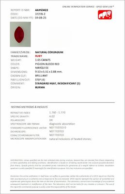 Rubis Rouge Sang de Pigeon 1.65 Ct - Chauffé