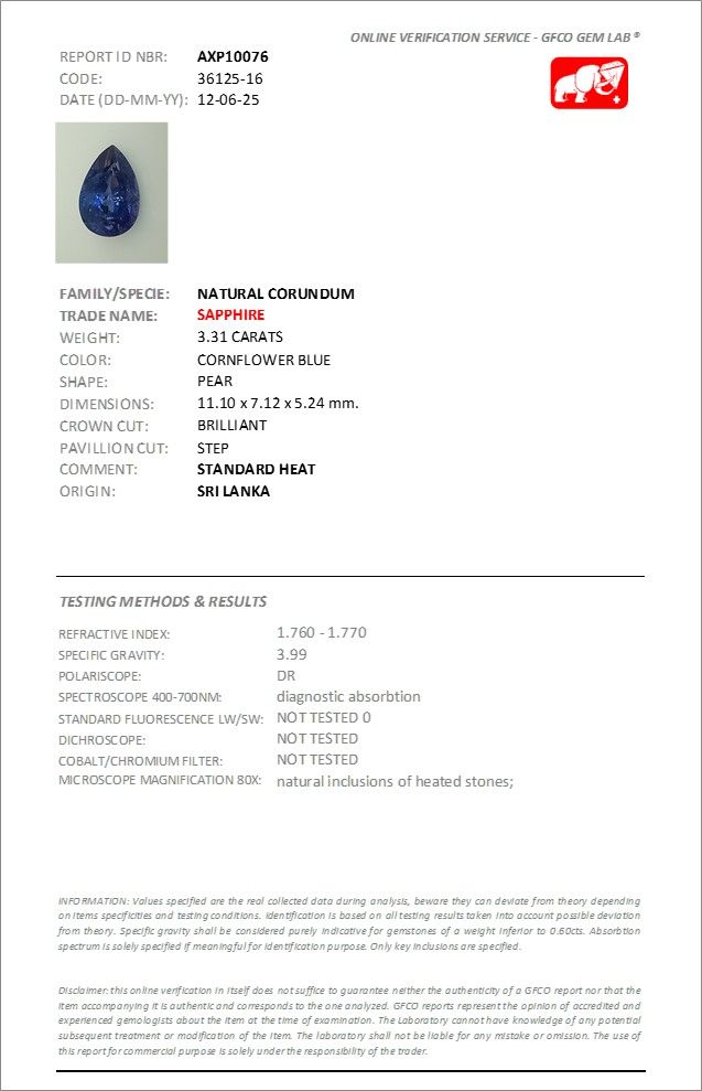 Saphir Bleu Cornflower 3.31 Ct - Chauffé