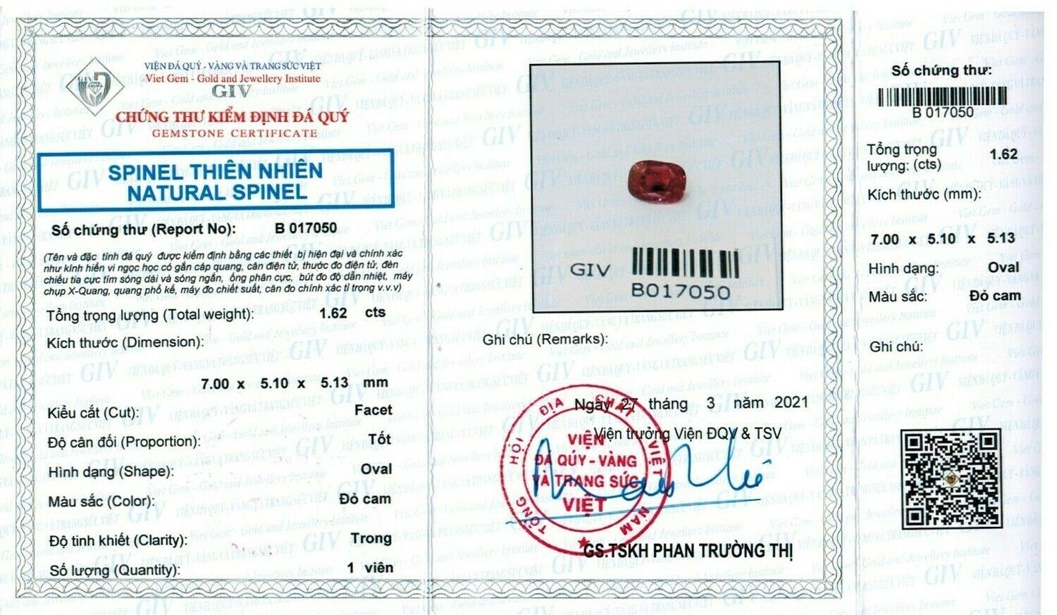 Spinelle Rouge Orange 1.62 Ct