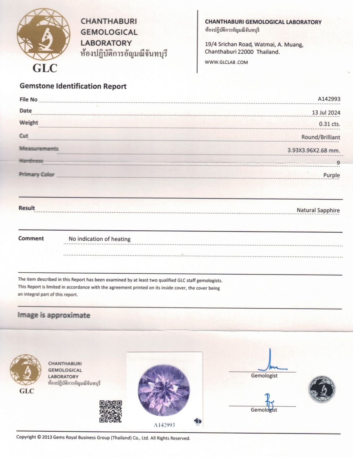 Saphir Violet 0.31 Ct - Non chauffé