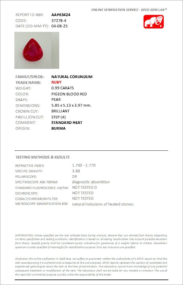 Rubis Rouge Sang de Pigeon 0.99 Ct - Chauffé