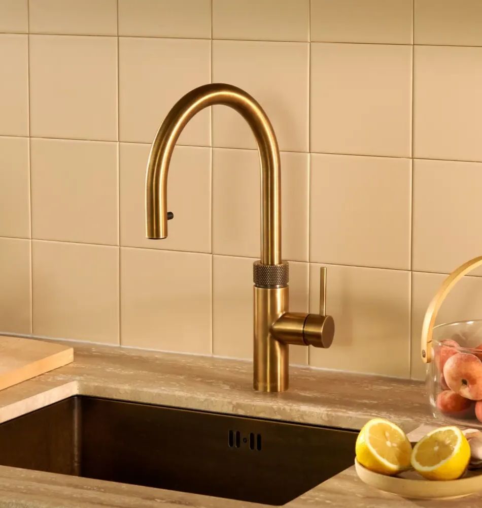 Quooker Flex Round Patinated Brass Tap with Pro3 Boiling Water Tank and Cube Quooker Flex Round Patinated Brass Tap with Pro3 Boiling Water Tank and Cube