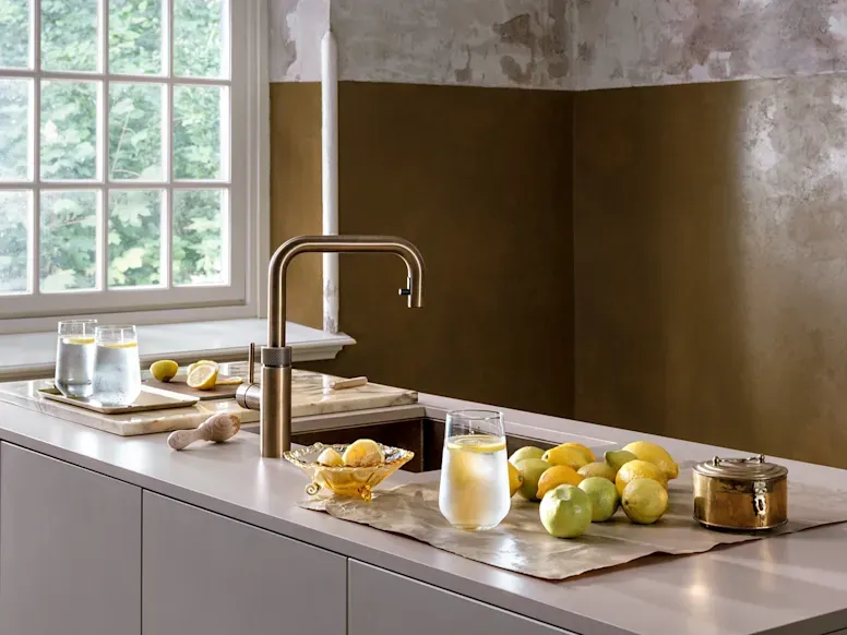 Quooker Flex Square Patinated Brass Tap with Combi + Boiling Water Tank with Cold Water Filter