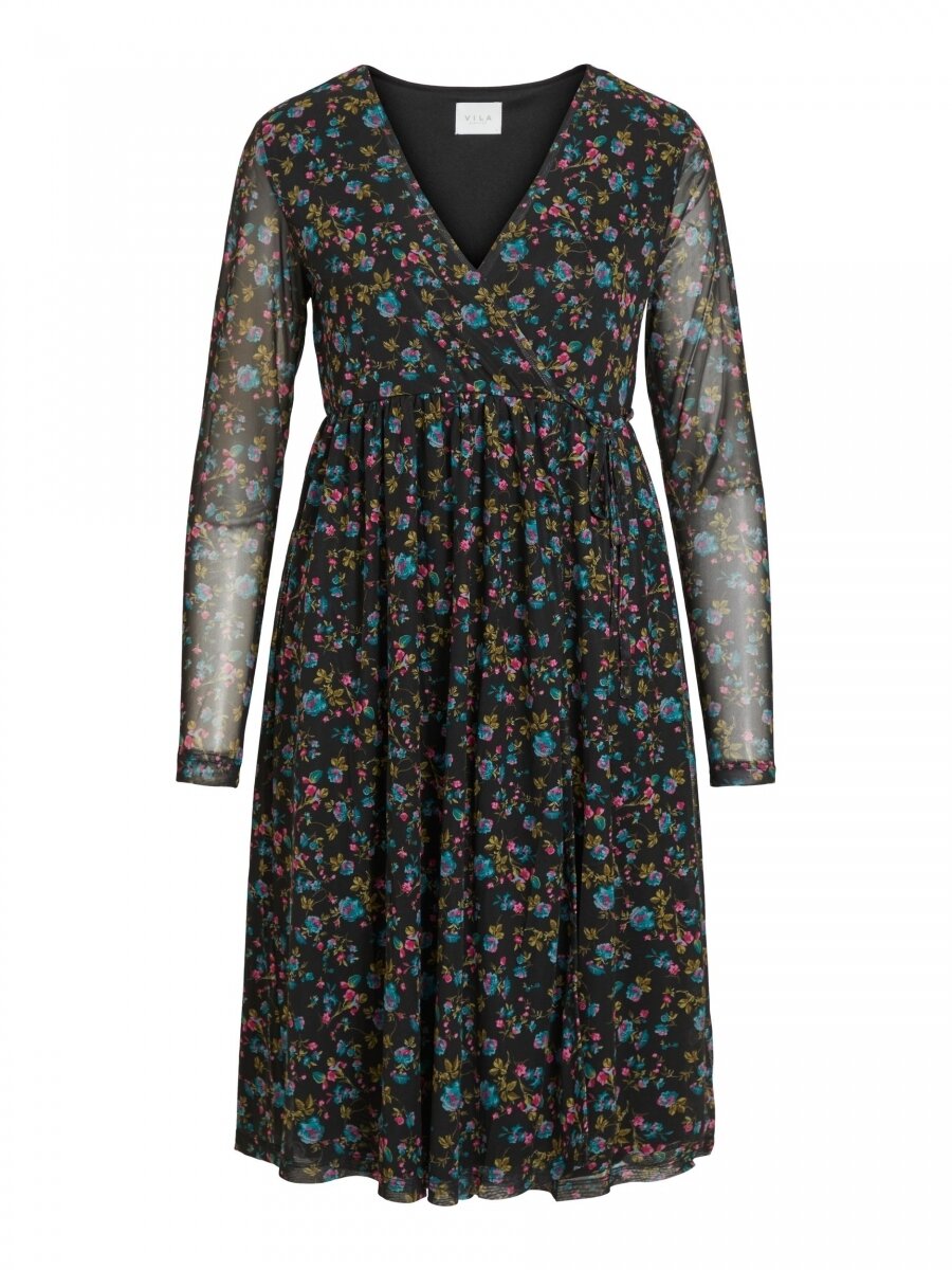 VIBINA L/S WRAP DRESS /RX Black-Flowers