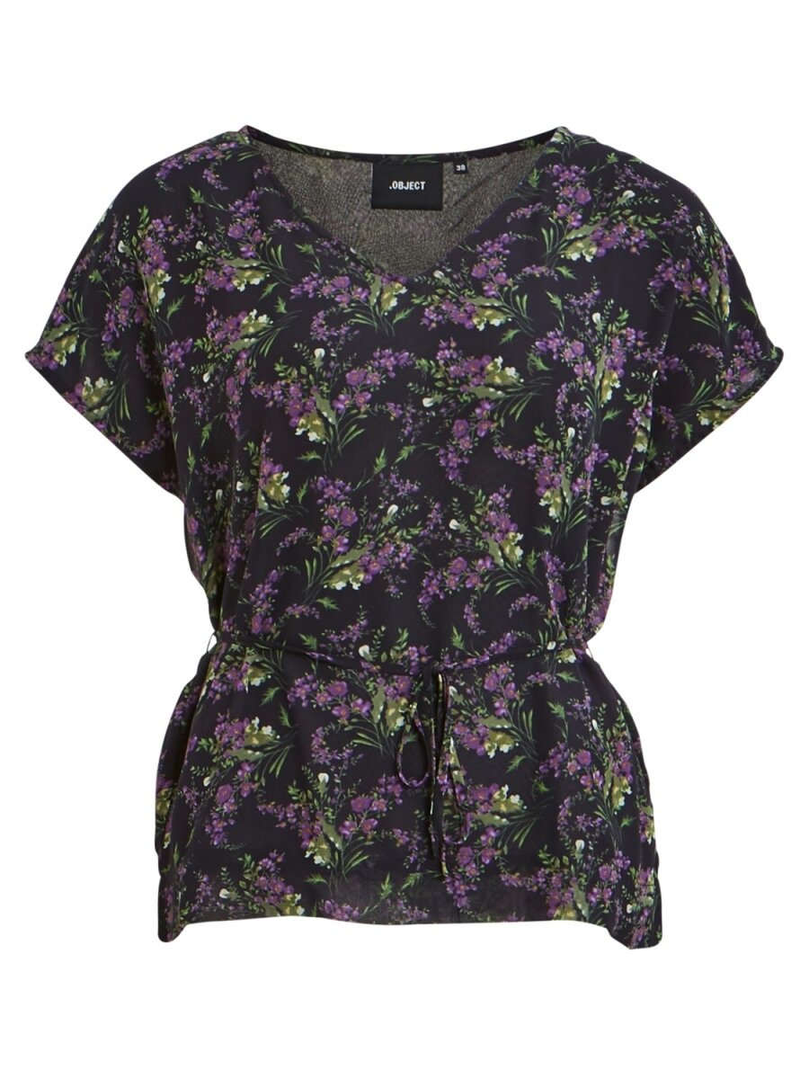 OBJCAROLINE S/S V-NECK TOP A Q Black/AOP