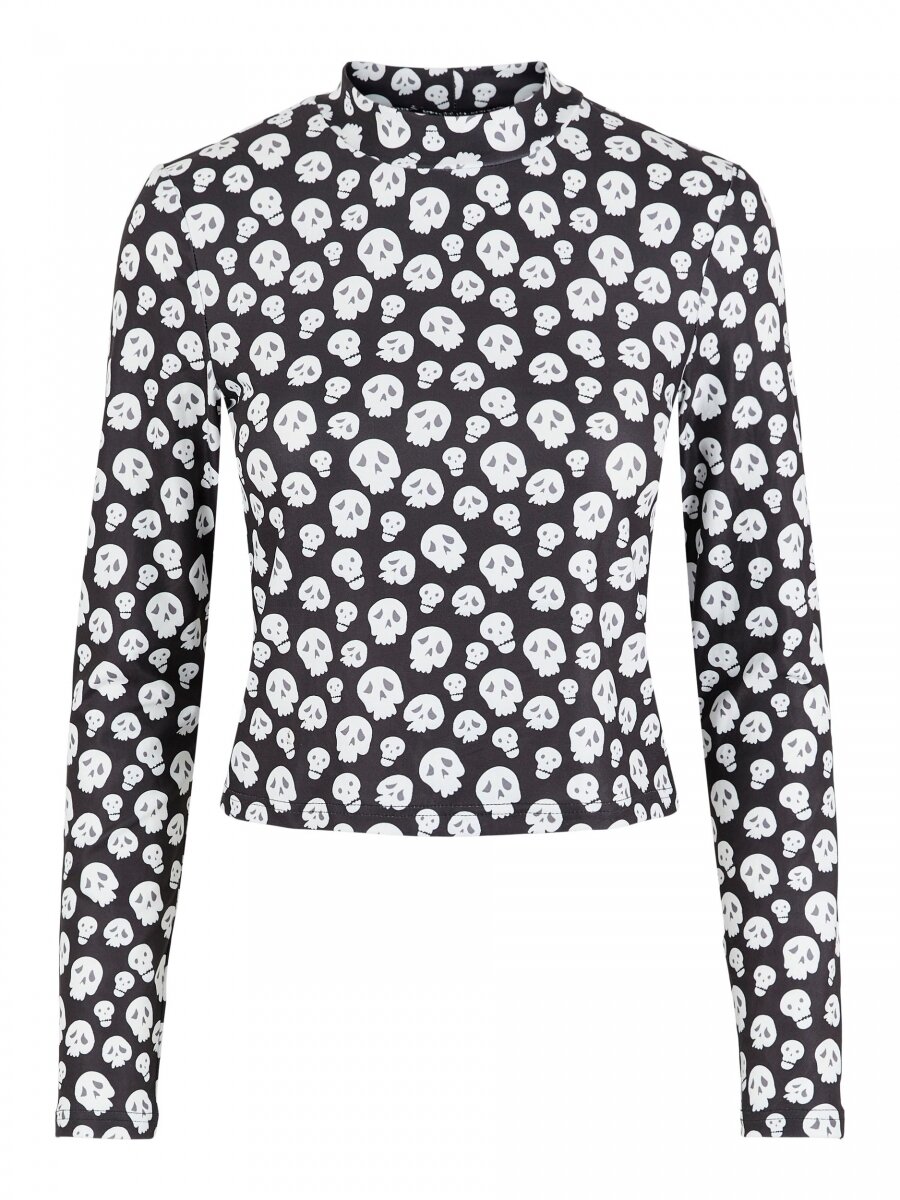 PCURSULA LS T-NECK CROP TOP KAC Black-SKULL AOP