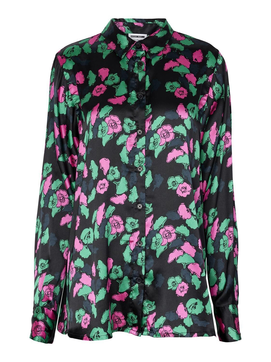 NMBELLA L/S OVERSIZE SHIRT Black-MULTI COLOR FLOWER PRINT