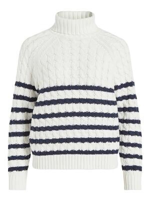 VIEMMALINA ROLL-NECK CABLE KNIT TOP/TB White Alyssum/Navy