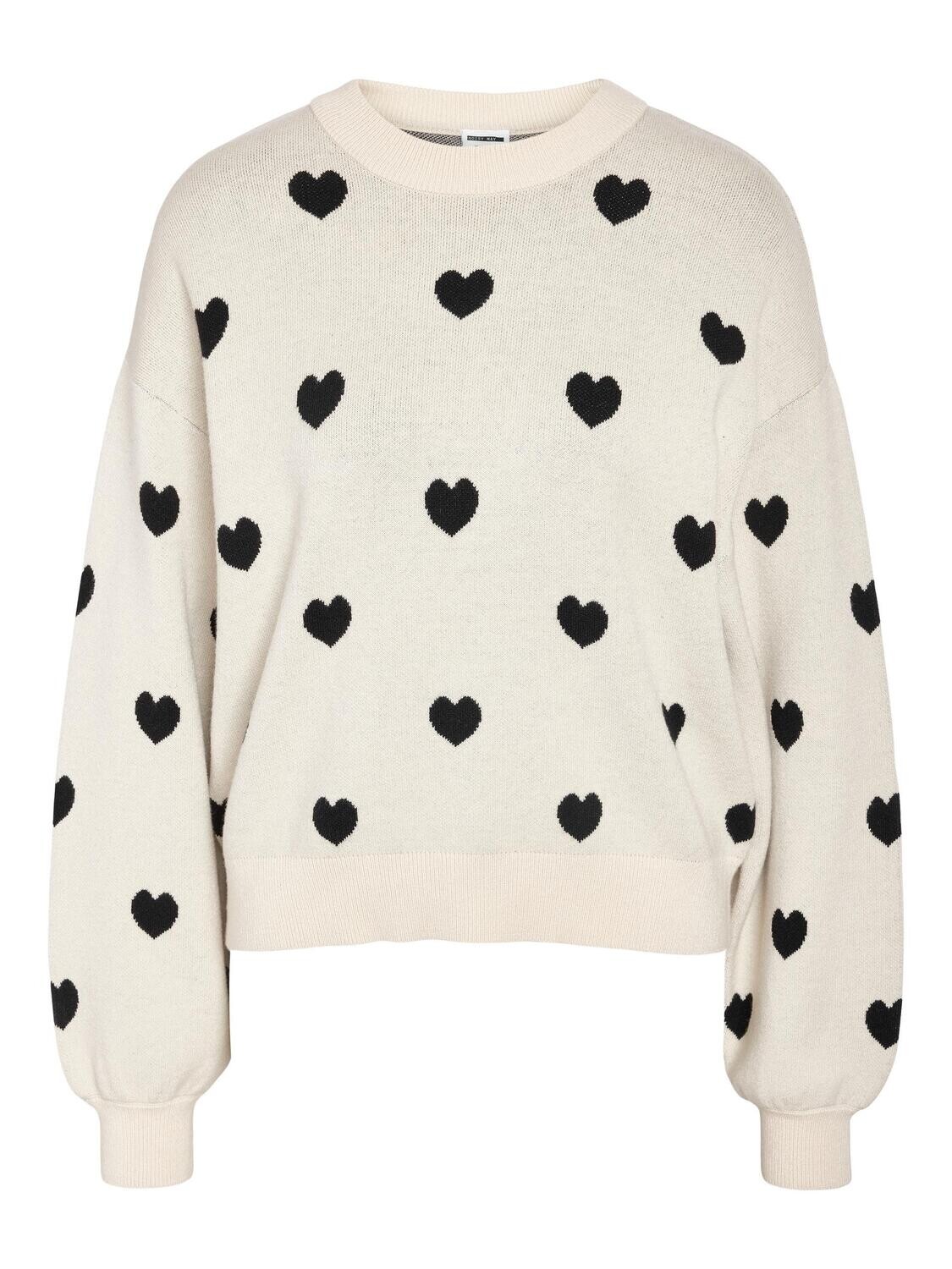NMCHARLOTT L/S O-NECK KNIT Oatmeal/Black hearts