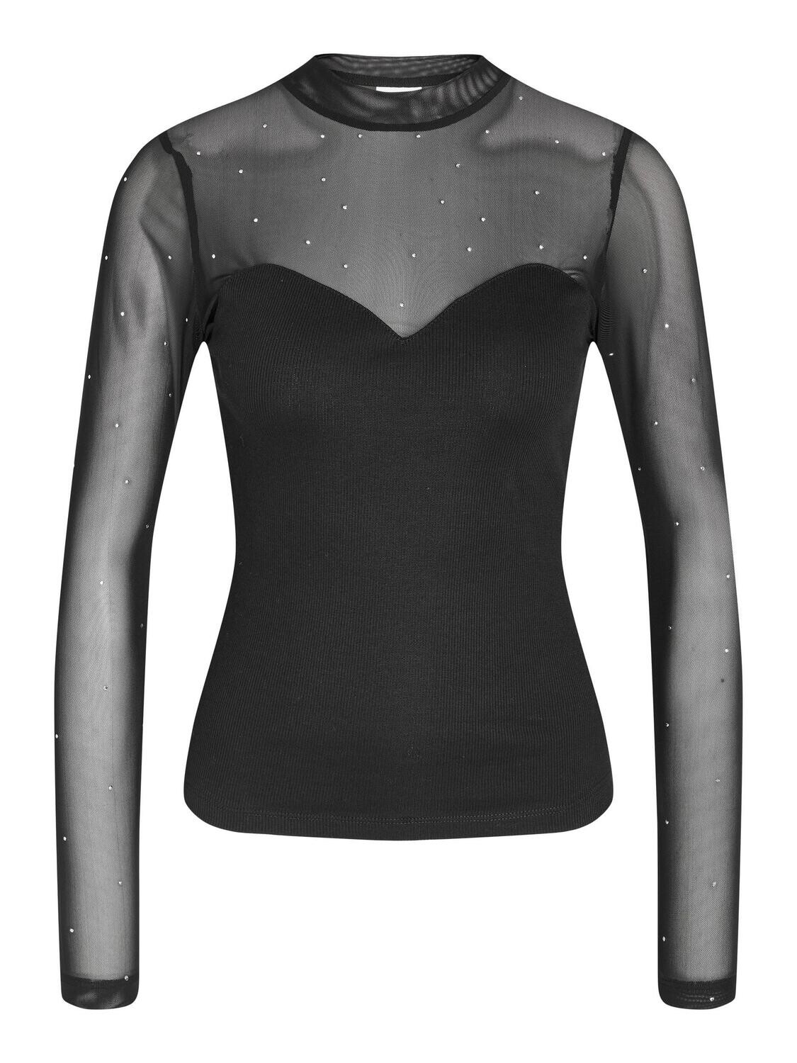 NM MAYA L/S MIX DETAIL TOP Black-STUD MESH