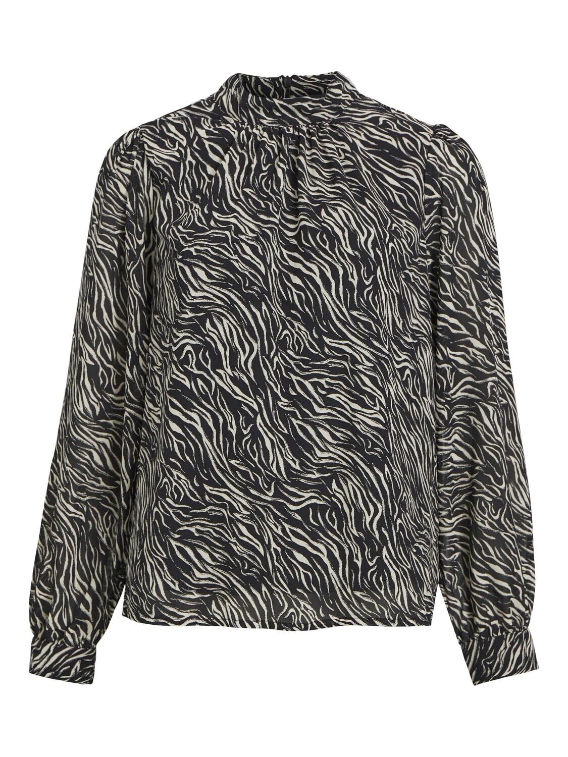OBJMILA L/S HIGH NECK TOP NOOS Black-SANDSHELL ZEBRA