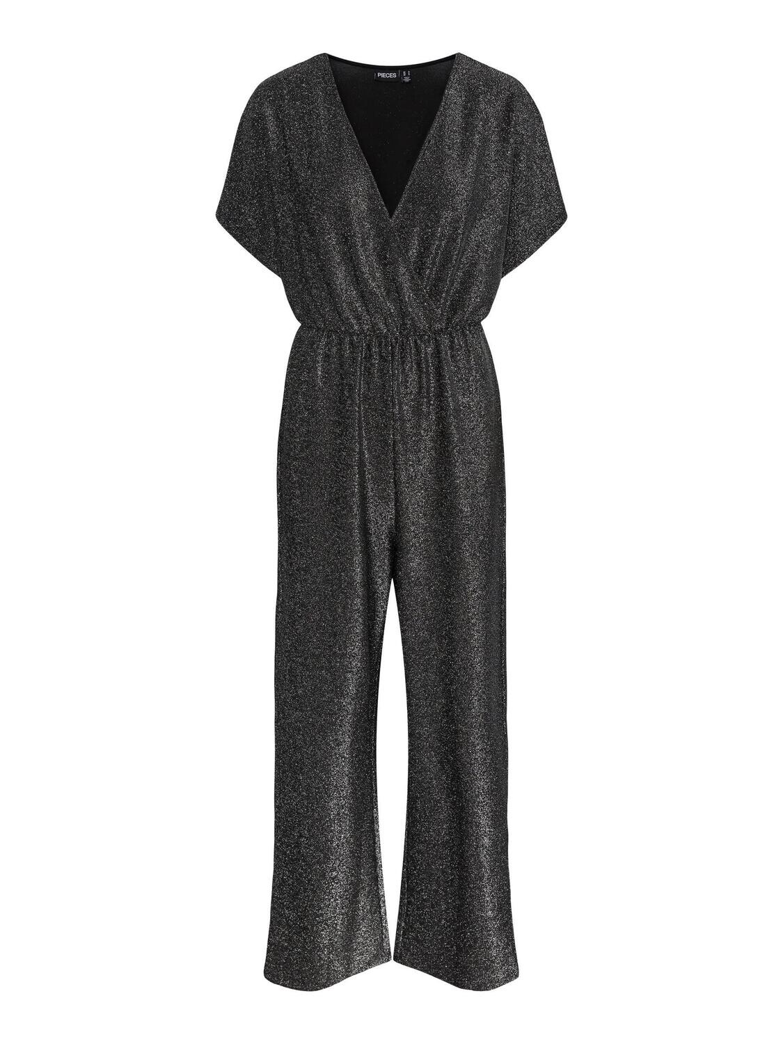 PCSERINA SS WRAP JUMPSUIT BC Black-Silver glitter