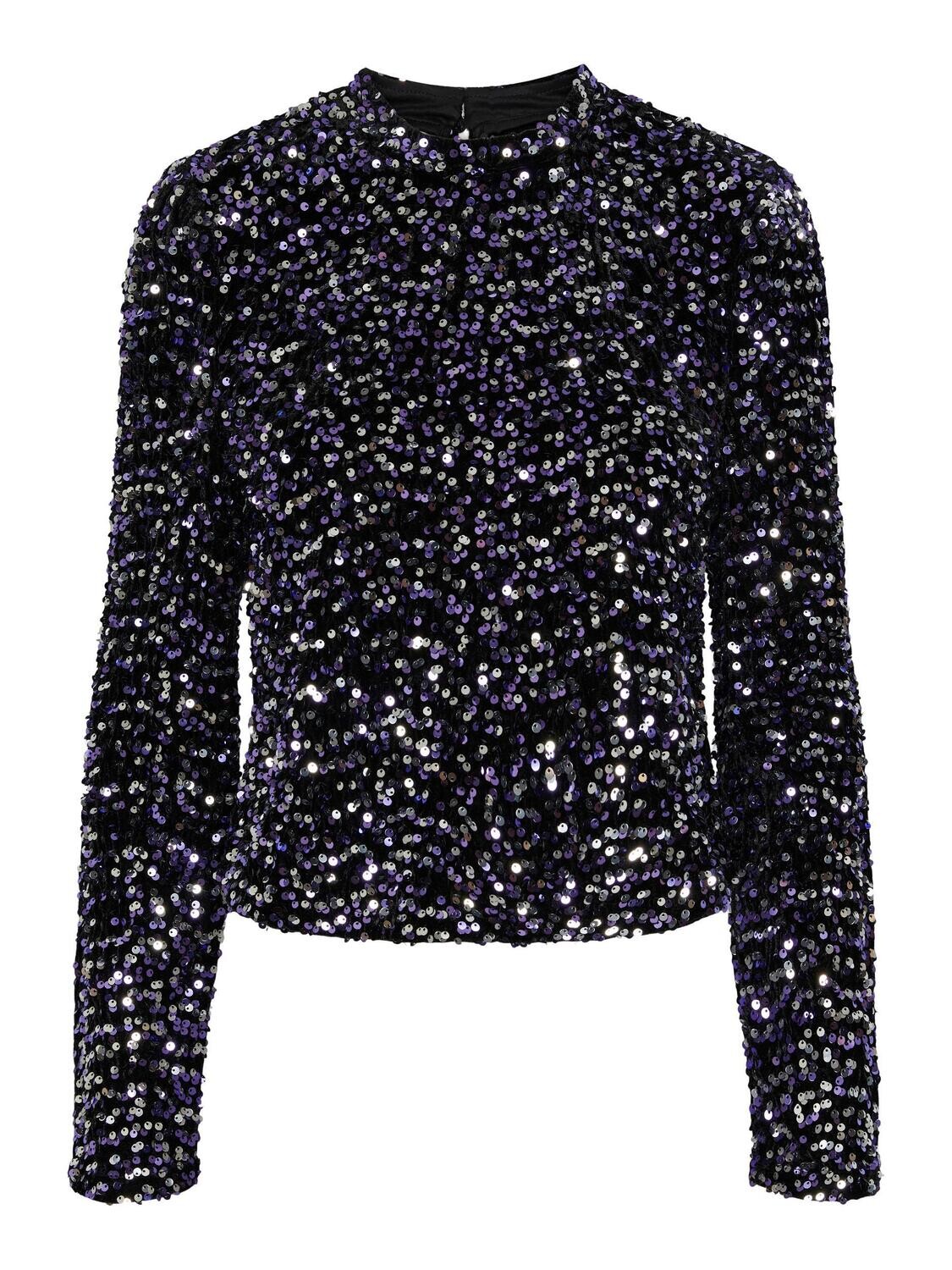 PCKAM LS TOP BC Black-Purple silver sequins