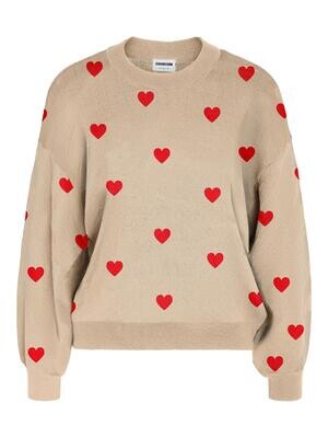 NMCHARLOTT L/S O-NECK KNIT Oatmeal-Flame Scarlet hearts